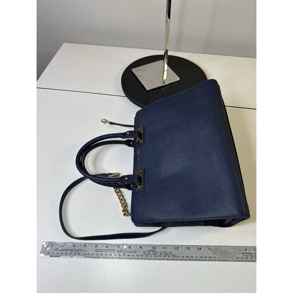 Michael Kors Quinn- Navy Blue Saffiano Leather Satchel Purse - Picture 3 of 9